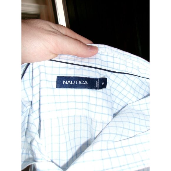 Nautica Check Button Down Shirt White and Light Blue Size M - Picture 3 of 3